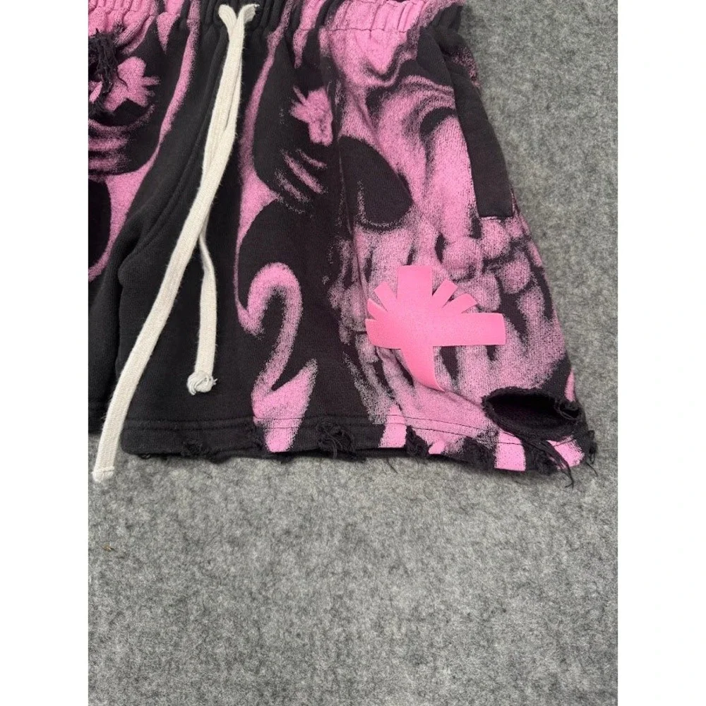 Unknown Brand Skull Graphic Distressed Sweat Shorts Black Pink Streetwear Mens